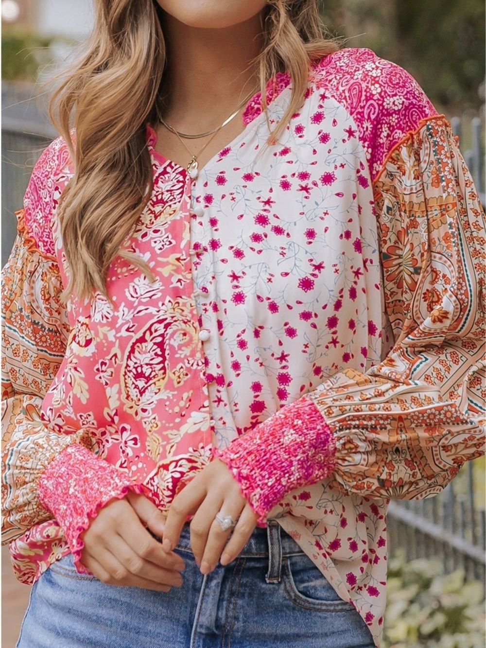 Boho Mixed Floral & Paisley Print Button Front Blouse - Size Large - Picture 6 of 10